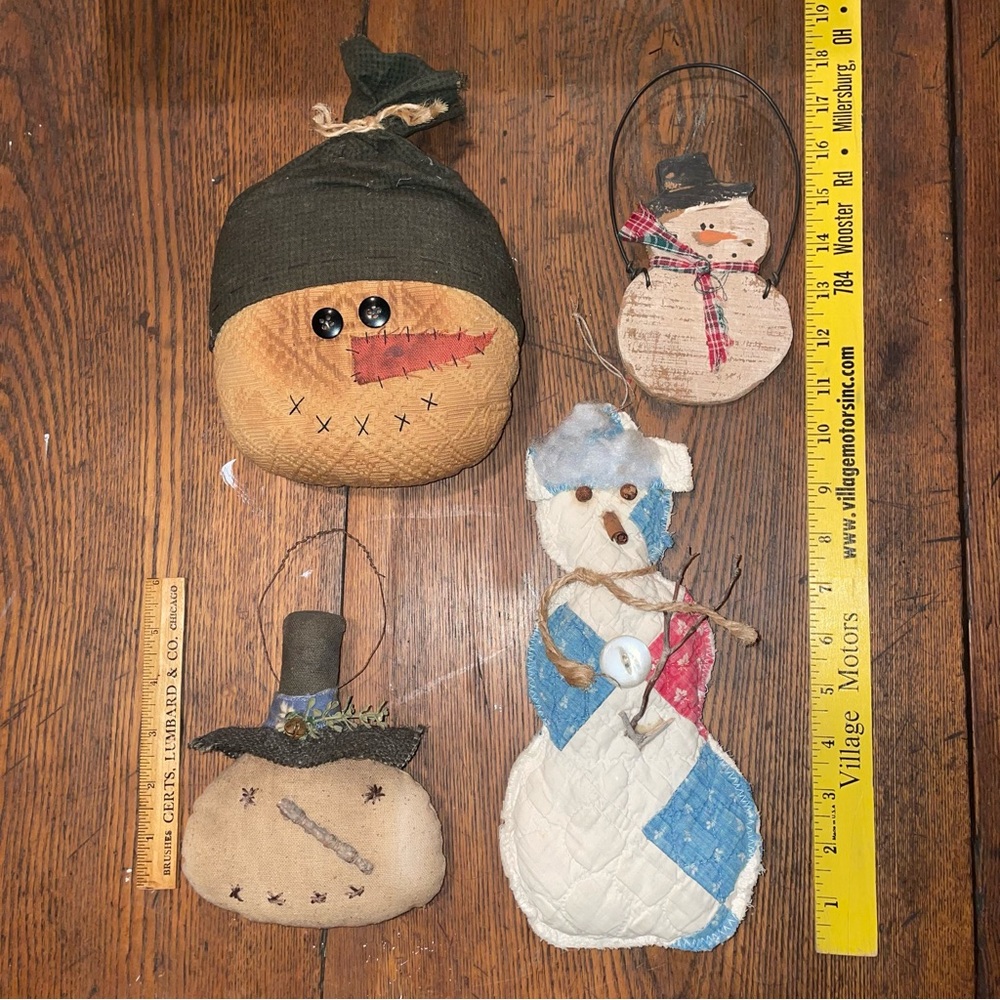 Hand Crafted Primitive Snowmen, Lot of Four, Cottagecore Winter Decor Rustic